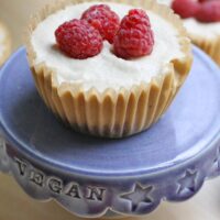 close-up of a mini vegan cheesecake topped with raspberries