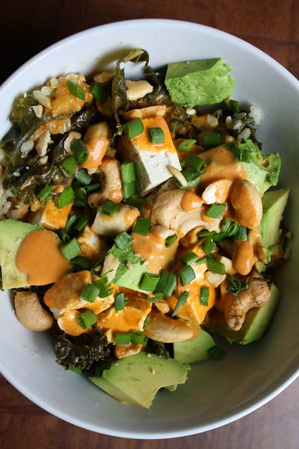 easy vegan curry bowl topped with curry sauce
