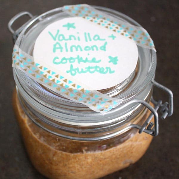 closed jar of almond cookie butter, so you can see the cute label