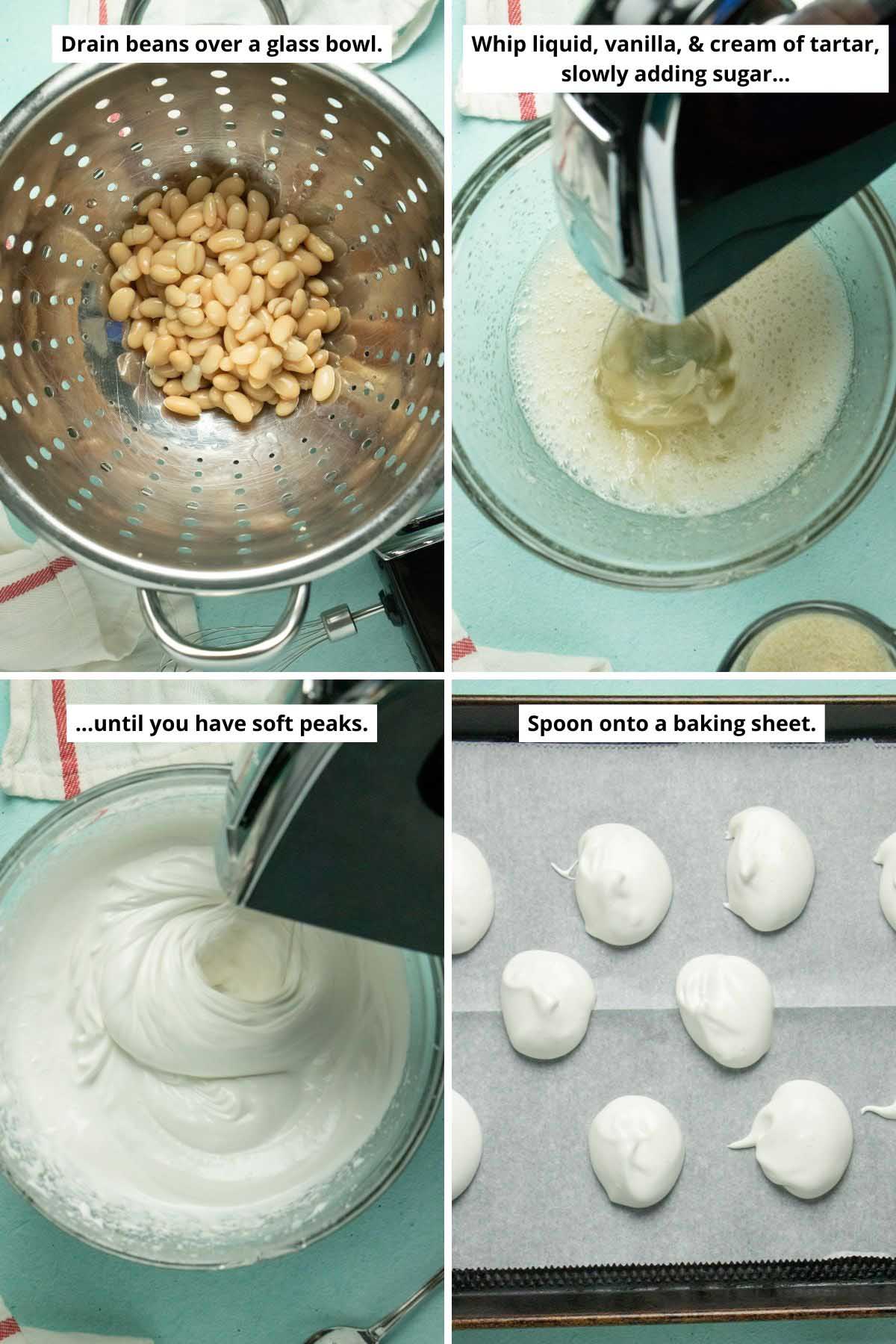 image collage showing draining the beans, whipping the aquafaba before and after it reaches soft peaks, and the vegan meringues on the baking sheet before baking