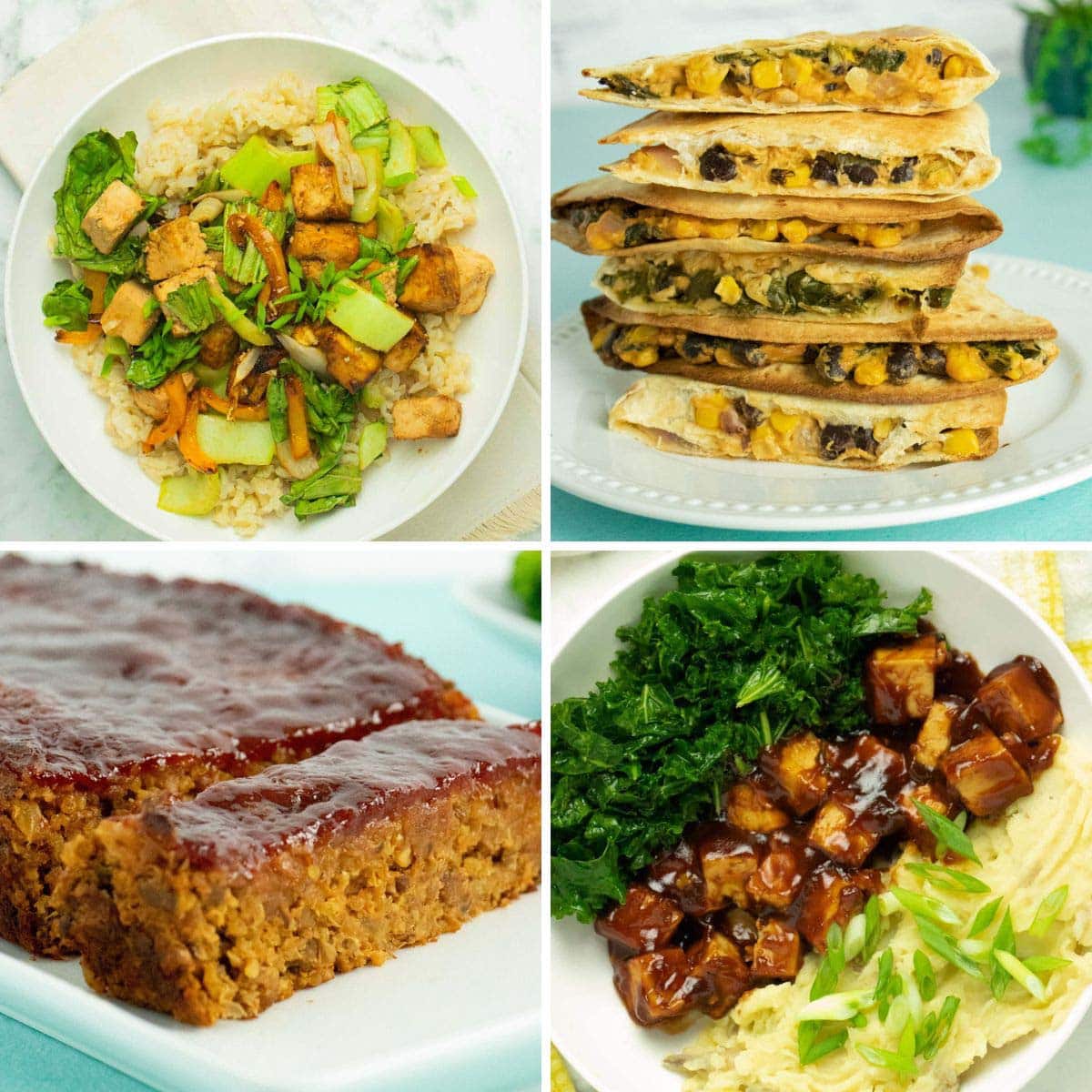 image collage showing easy vegan dinner recipes: air fryer stir fry, quesadillas, lentil loaf, and a mashed potato bowl