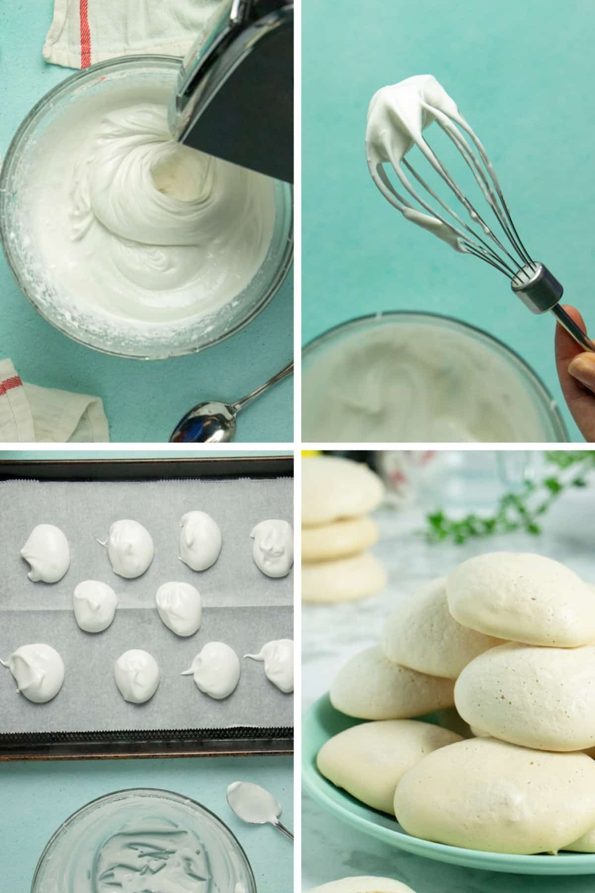 image collage of whipping aquafaba, soft peaks on a beater, uncooked meringues on a baking sheet, and baked meringues on a plate