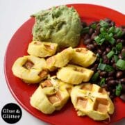plate of waffle iron sweet plantains next to black beans and guacamole