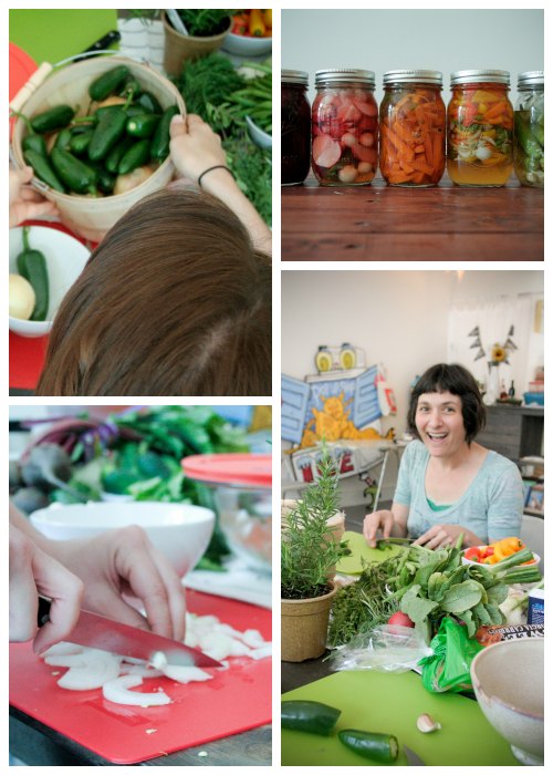 image collage showing students making preparing vegetables at a pickling class