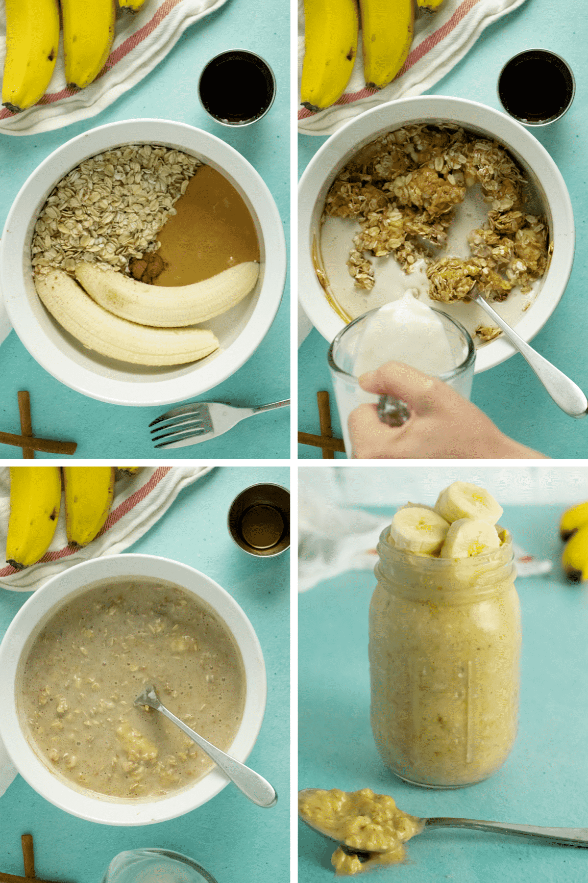 image collage of making peanut butter and banana overnight oats