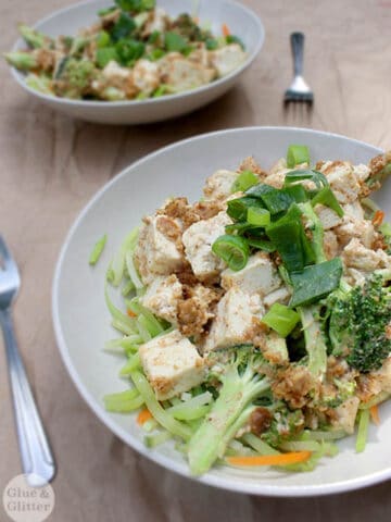 close-up of veggie noodles topped with tofu, broccoli, and green onion