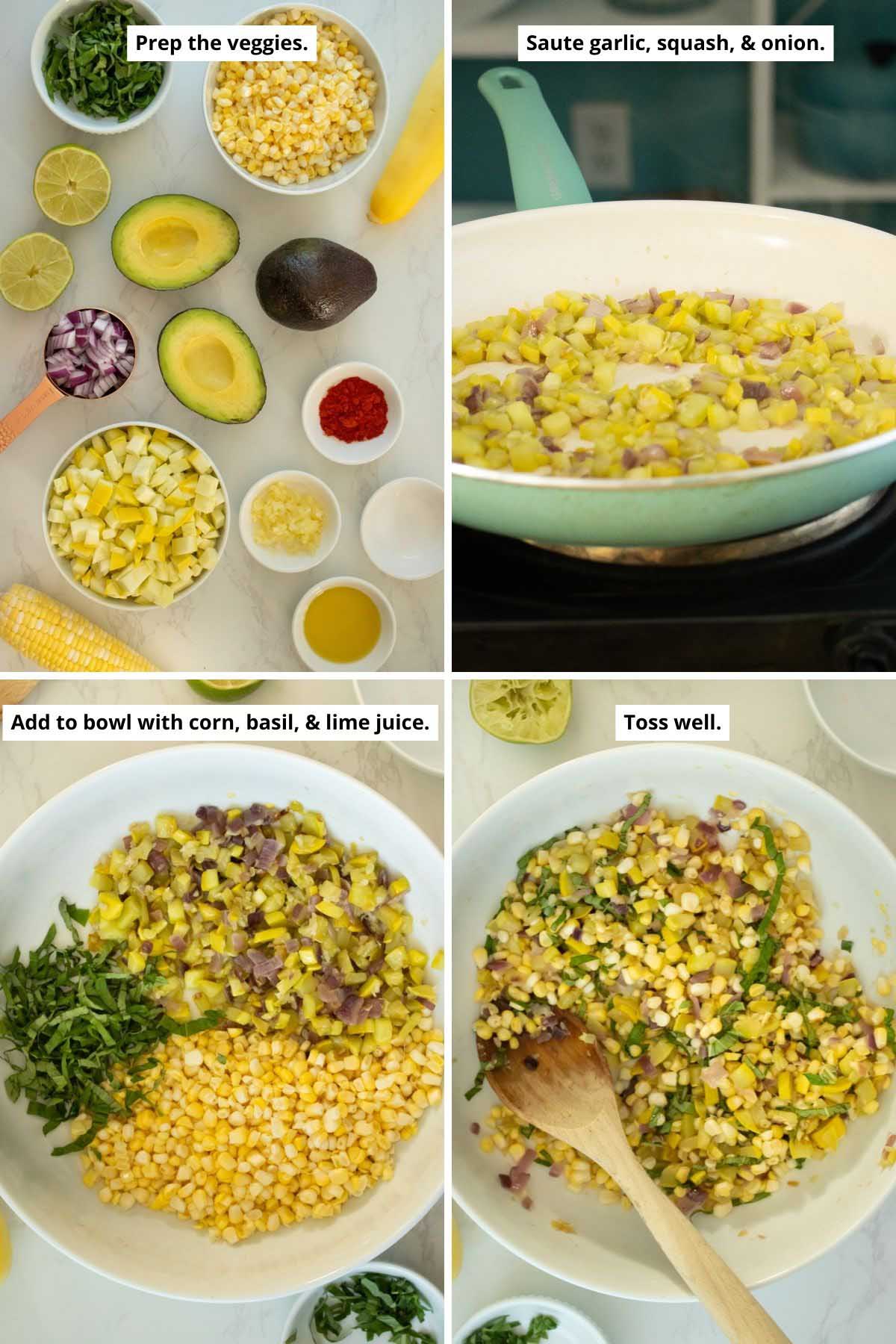 image collage showing prepped ingredients, the sauteed squash mixture in the pan, and the stuffed avocado filling before and after tossing together in a bowl