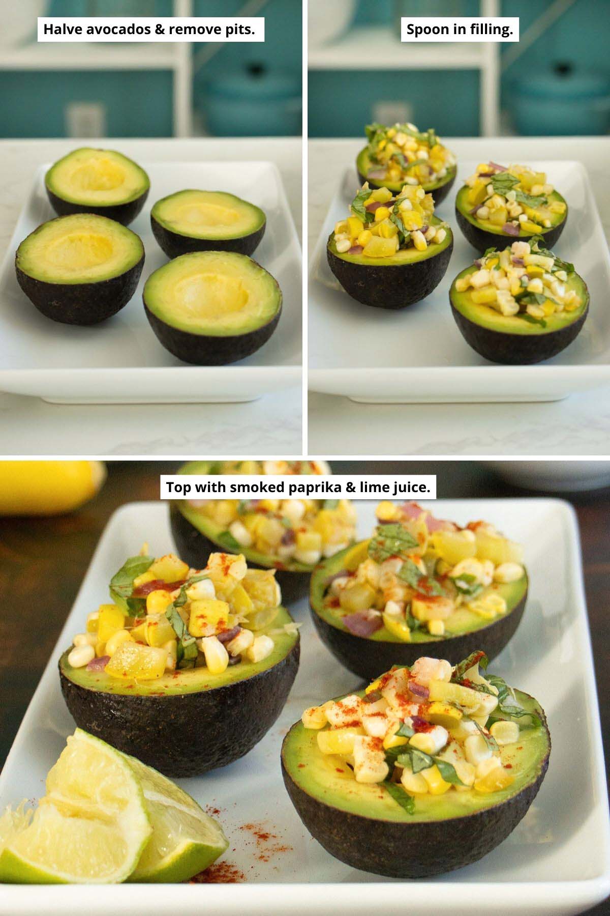 image collage showing halved avocados before and after stuffing and after sprinkling on paprika and lime juice