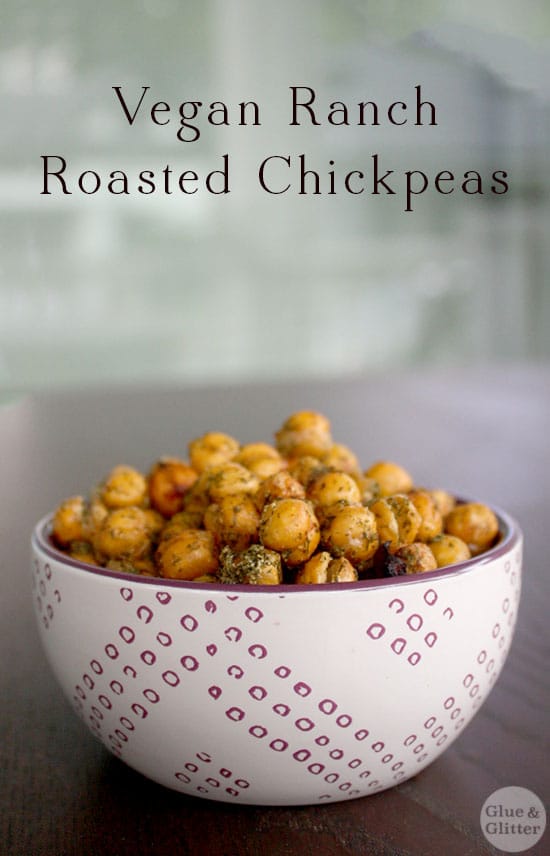 a bowl of ranch chickpeas on a wooden table, text overlay