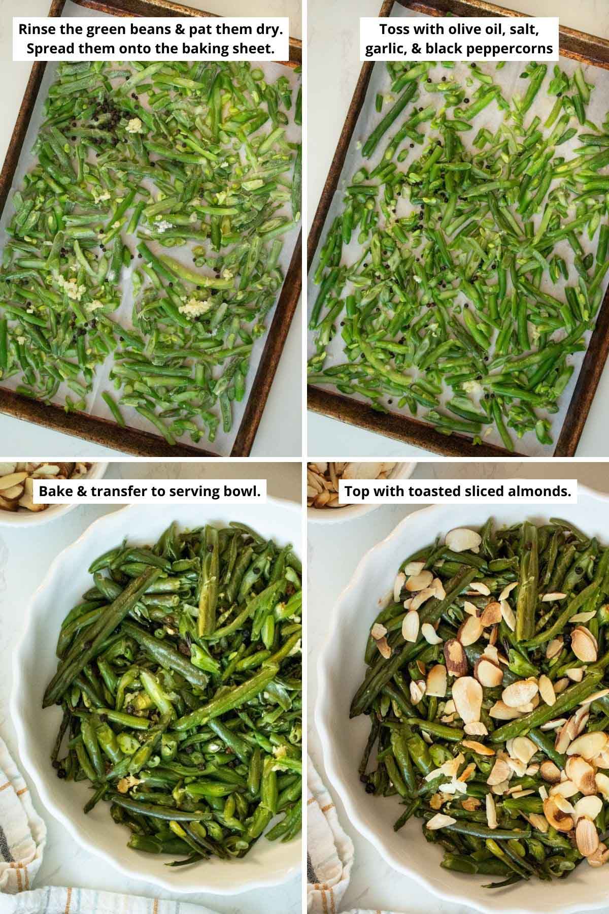 green beans and seasonings on the baking sheet before and after mixing, roasted frozen green beans in the serving bowl before and after topping with almonds