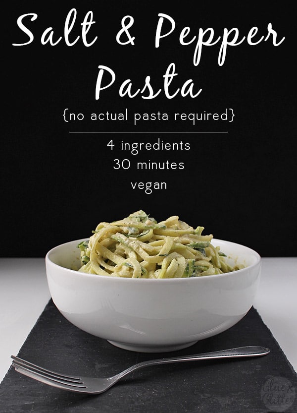 bowl of vegan salt and pepper pasta with a text overlay