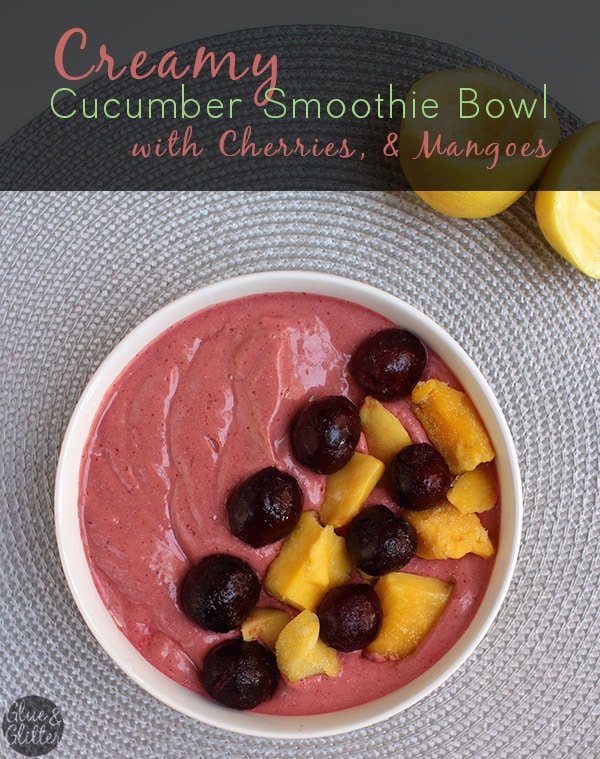 smoothie bowl on the table with lemons and a text overlay