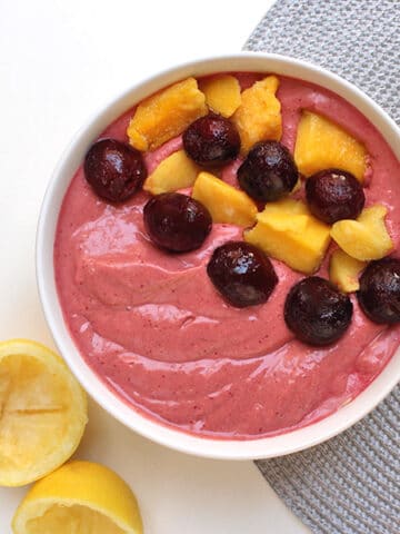A cucumber smoothie bowl is such a refreshing way to kick off the day! This one is packed with cherries, mango, lemon, and some healthy fats to fill you up.