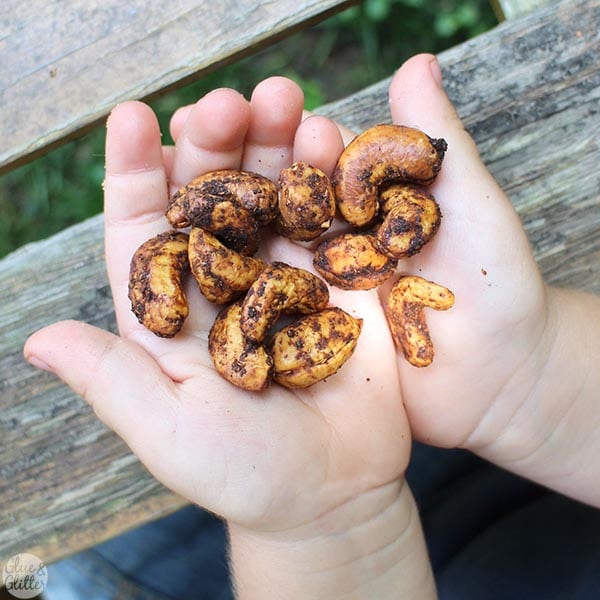 hands holding chili lime cashews over a picnic table