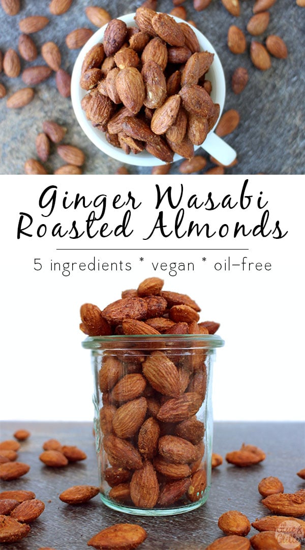 image collage of ginger wasabi roasted almonds, text overlay