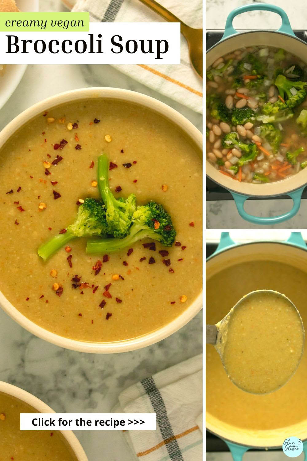 image collage of creamy broccoli soup, veggies and broth in the pot, and spooning the soup with a ladle, text overlay