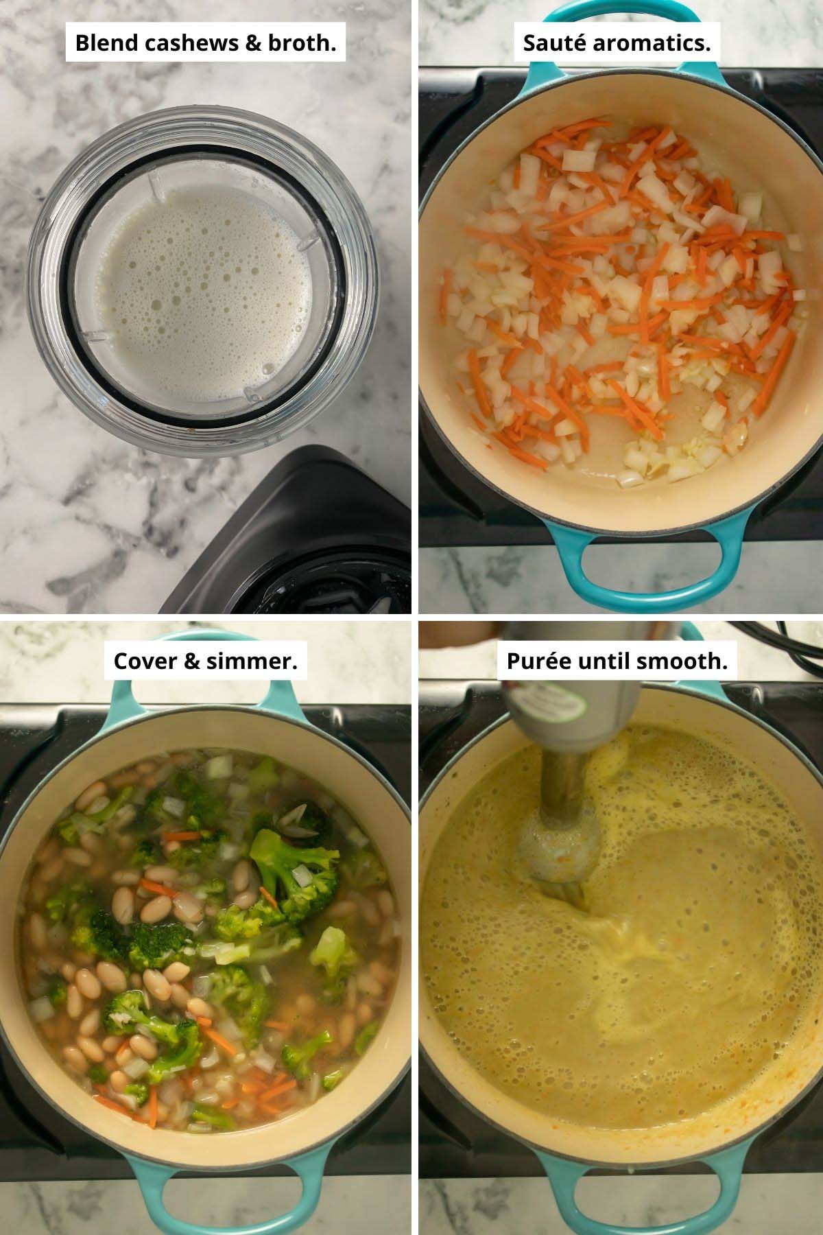 image collage showing the cashew cream, the sautéed veggies, veggies and beans in the pot, pureeing the soup