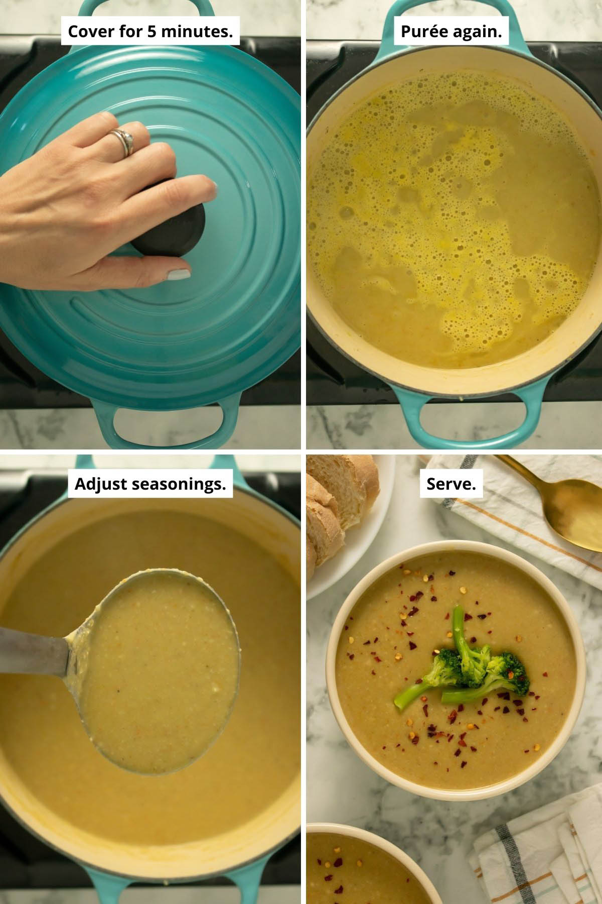 image collage showing a hand putting the lid on the pot, the soup after it sits for 5 minutes, ladling the soup, and the creamy broccoli soup in a bowl
