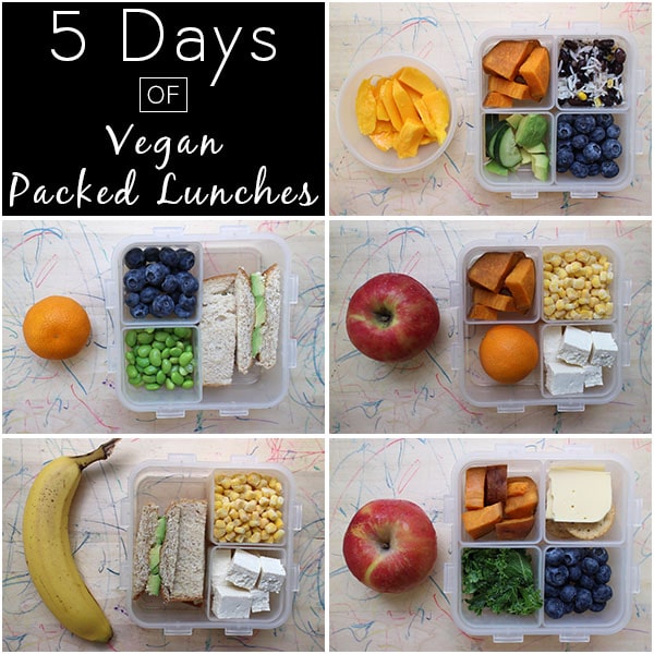 image collage of packed vegan lunch boxes, each with a different piece of fruit next to them.