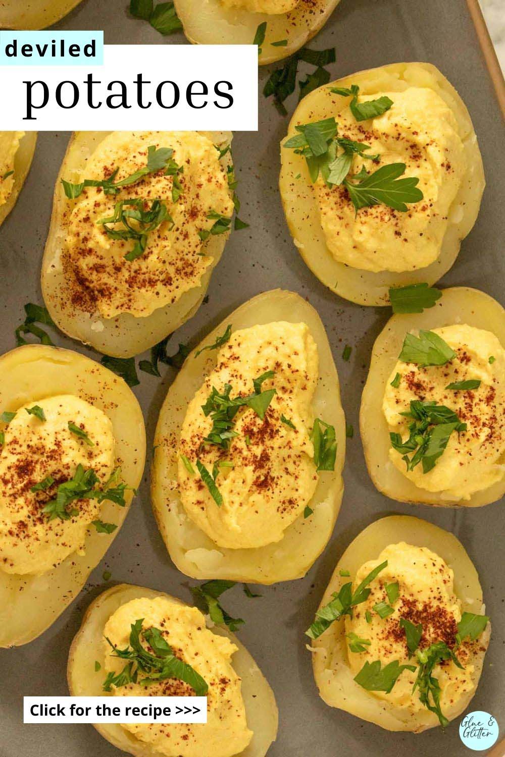 serving tray of deviled potatoes topped with paprika and parsley with text overlay