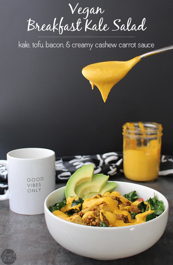 spooning vegan cheesy sauce over a breakfast kale salad next to a cup of coffee, text overlay