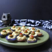 Vegan deviled potatoes are a spooky-yet-cruelty-free answer to deviled eggs. Tiny, adorable potatoes become creepy eyeballs in this vegan Halloween recipe.