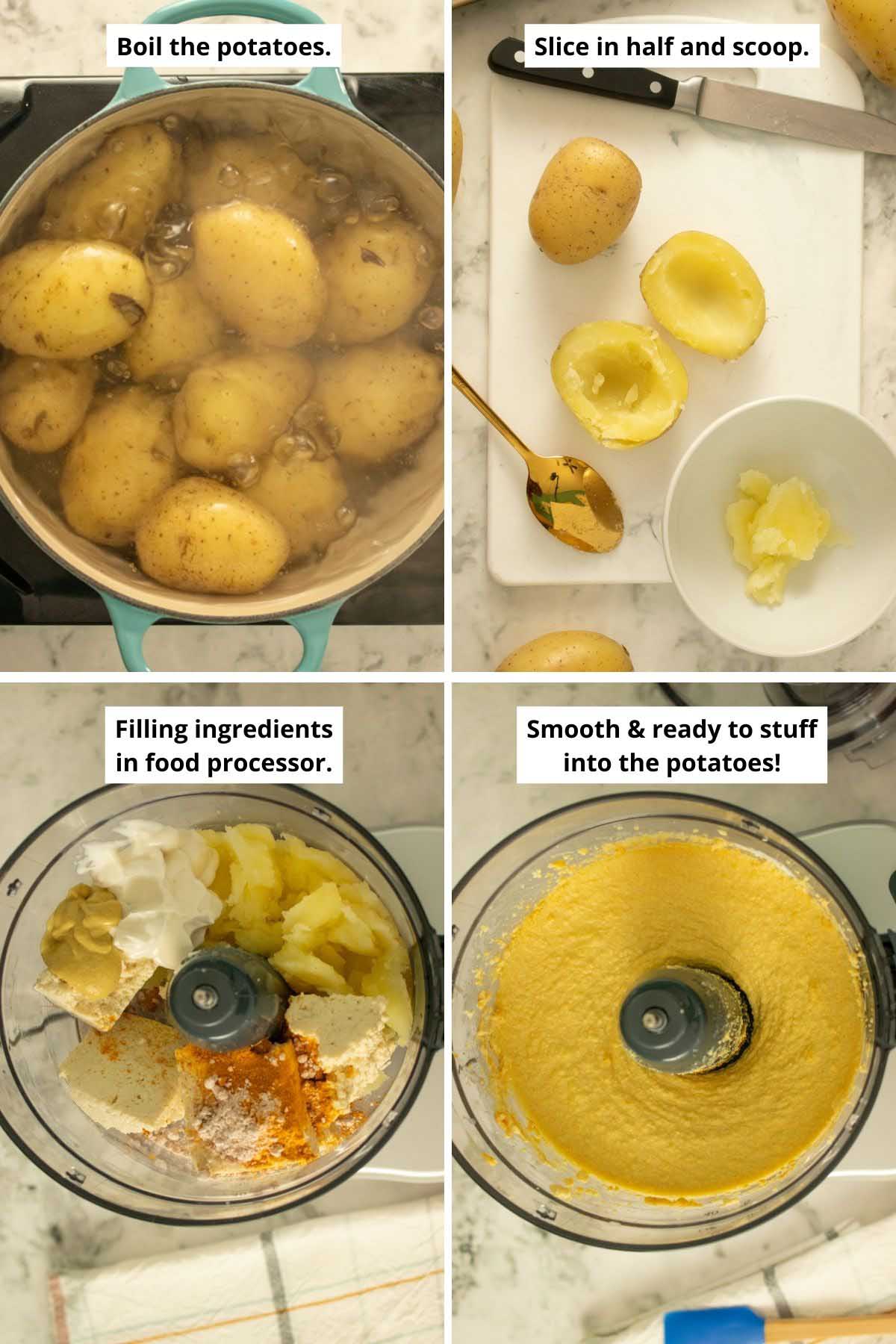 image collage showing boiling and scooping the potatoes and the filling before and after making it in the food processor