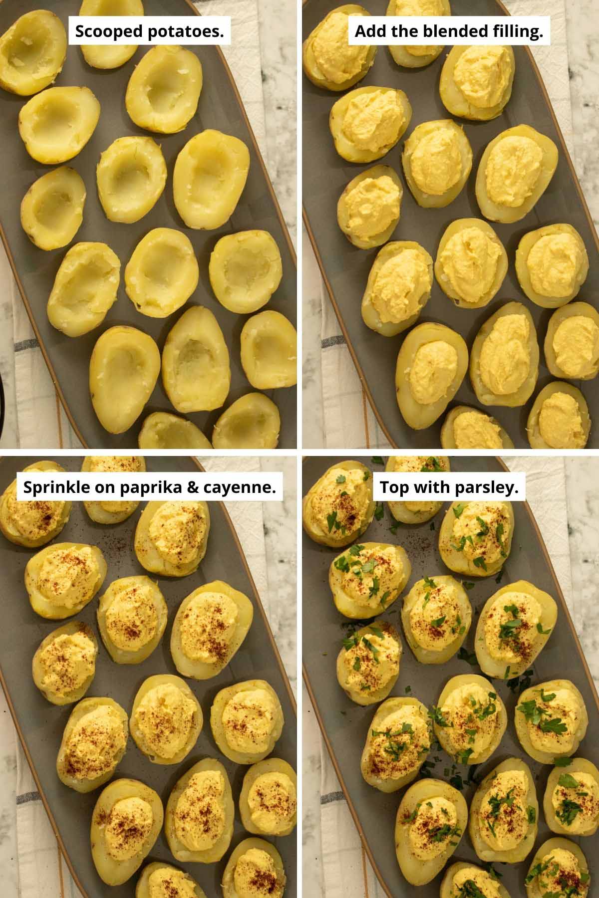 image collage showing the empty scooped potatoes, with the filling added, with the paprika, and with the parsley