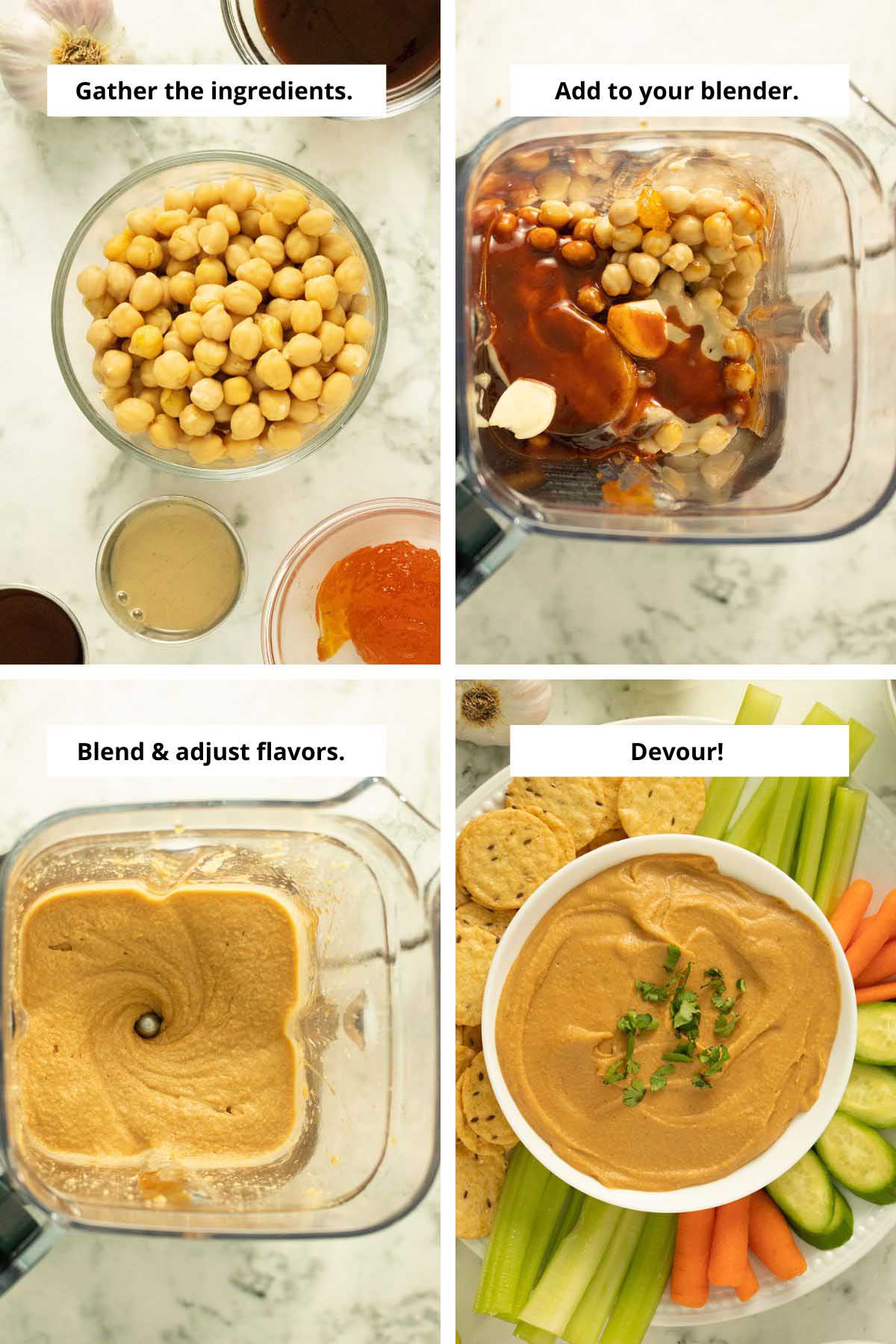 process collage showing hummus ingredients on a table, in the blender before and after blending, and the finished hummus in a serving bowl