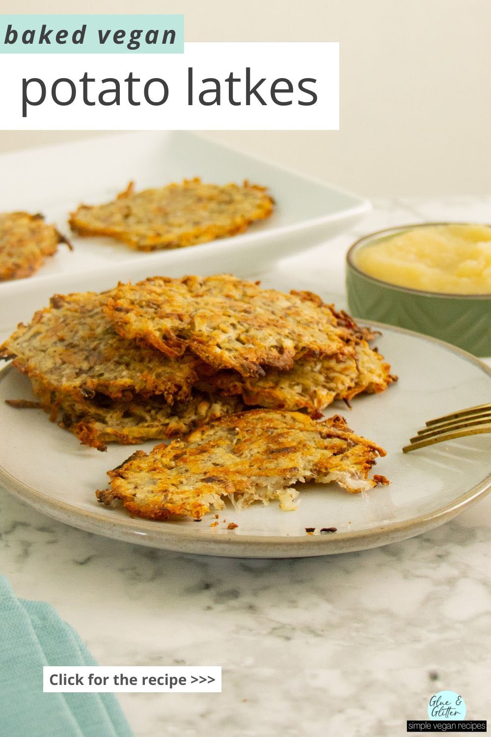 stack of vegan latkes on a plate with a bite taken out of one, so you can see inside, text overlay