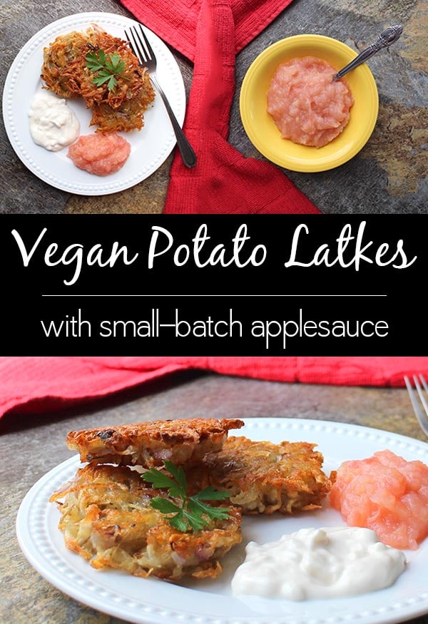 collage of latkes with applesauce and vegan sour cream