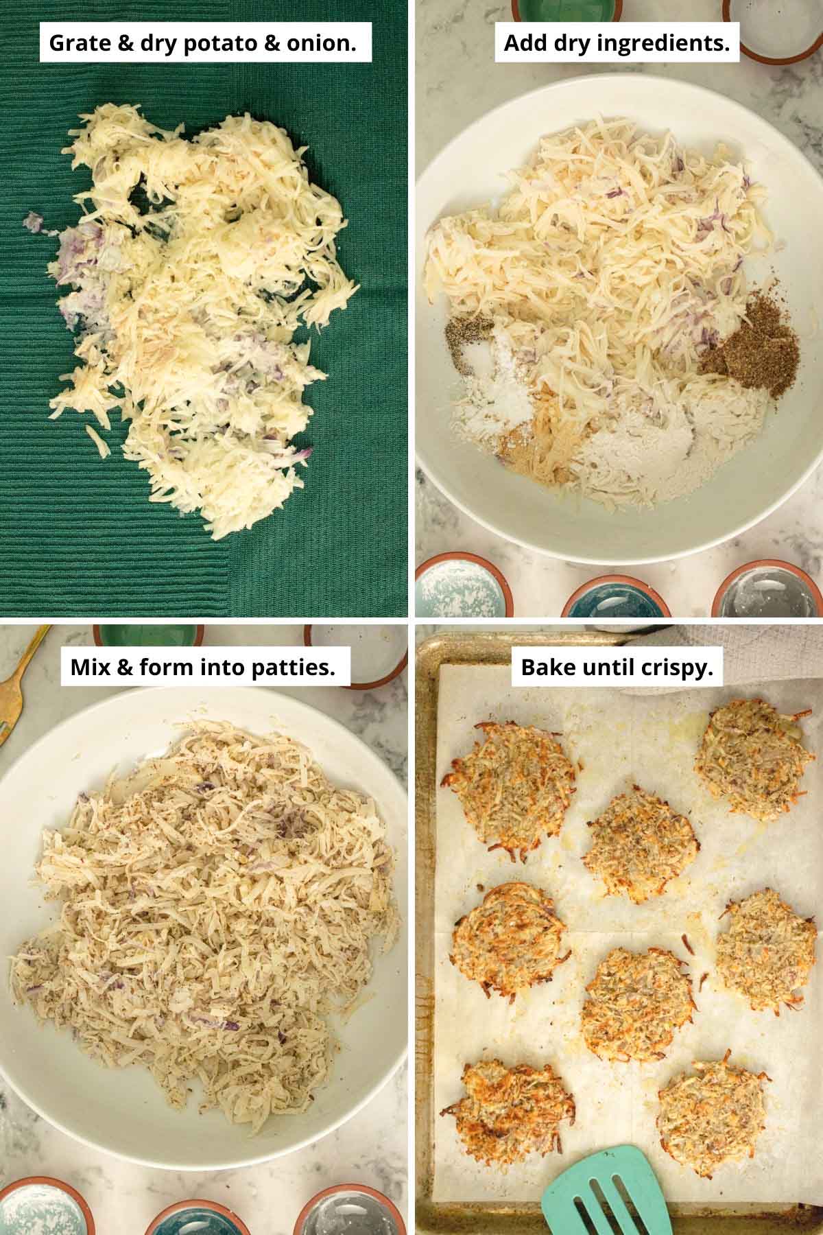 image collage showing the shredded potato on a kitchen towel before drying, in a bowl with dry ingredients before and after mixing, and the cooked latkes on a baking sheet