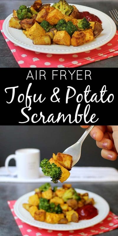 photos of the air fryer tofu scramble with potato and broccoli with a side of ketchup with a text overlay