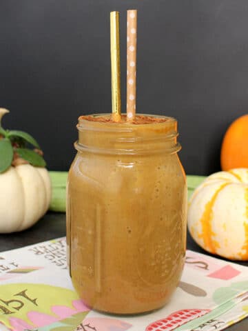 There are no added sugars in this healthy Pumpkin Pie Smoothie. Just plenty of pumpkin and pumpkin pie spices!