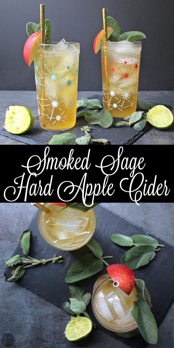 pair of glasses with ice and hard apple cider cocktail garnished with sage and an apple slice, text overlay