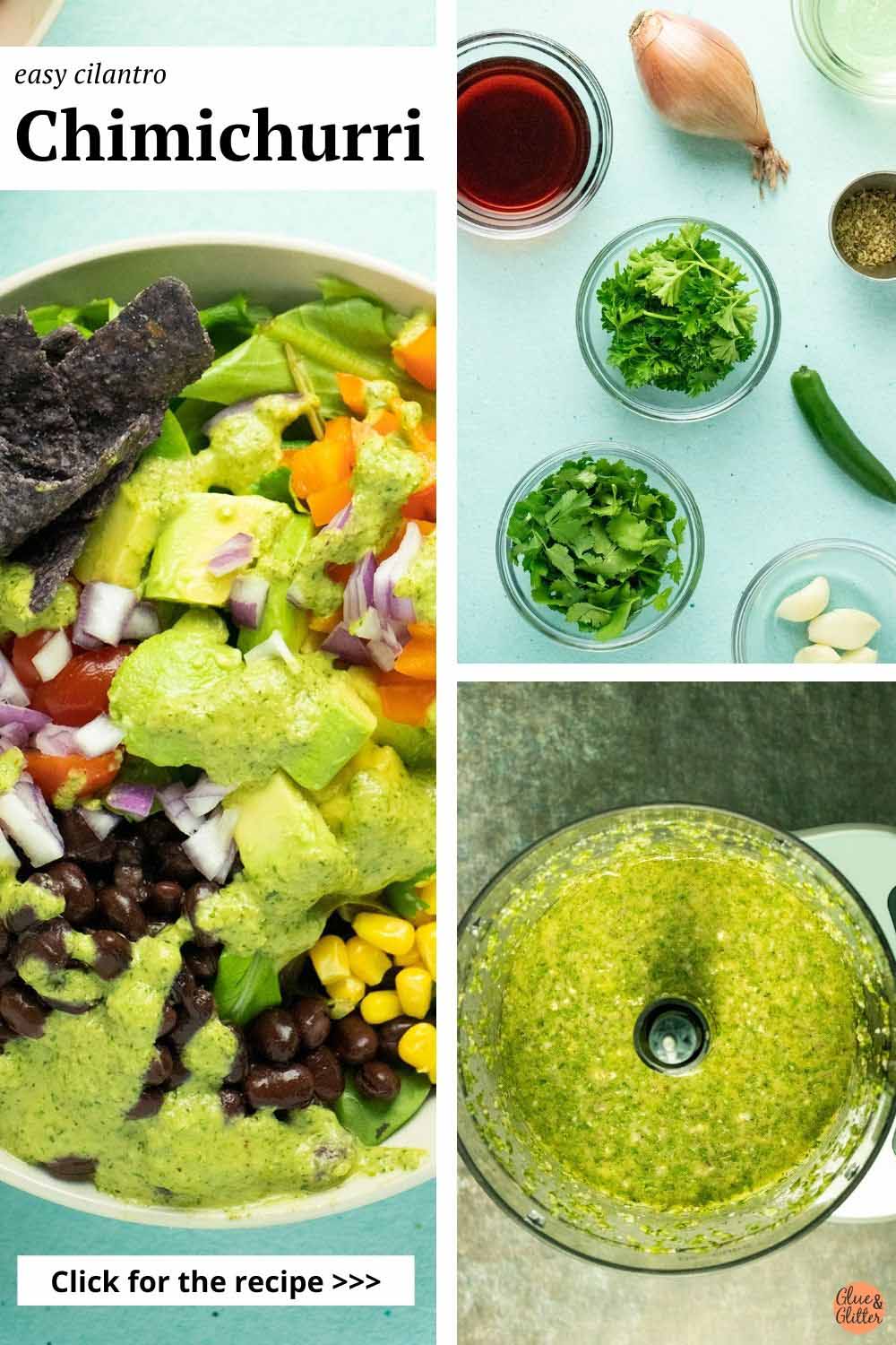 image collage showing chimichurri sauce on a salad, the ingredients, and the sauce in the food processor