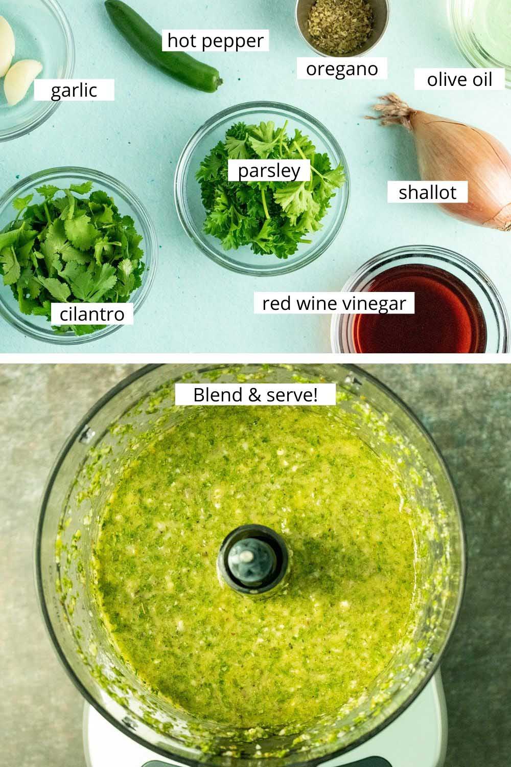 image collage showing labeled chimichurri ingredients and the sauce in the food processor