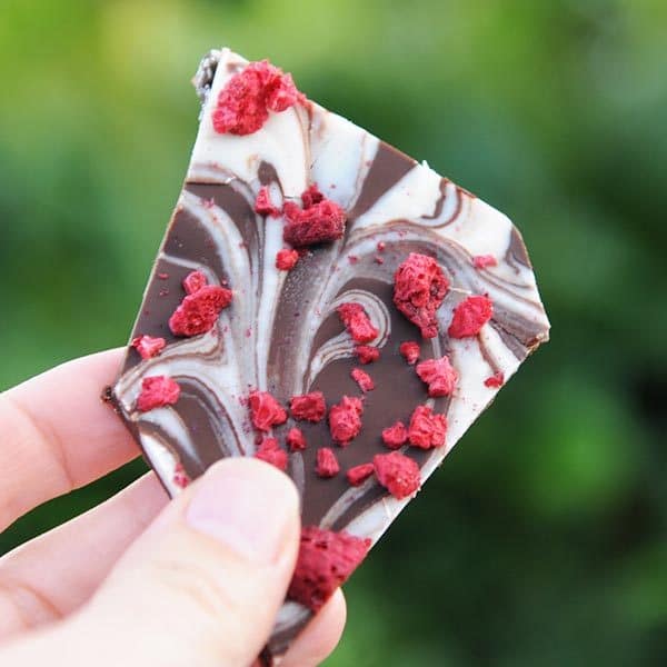 hand holding swirled vegan chocolate bark with dried raspberries on top