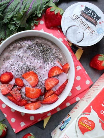 strawberry smoothie bowl on a table