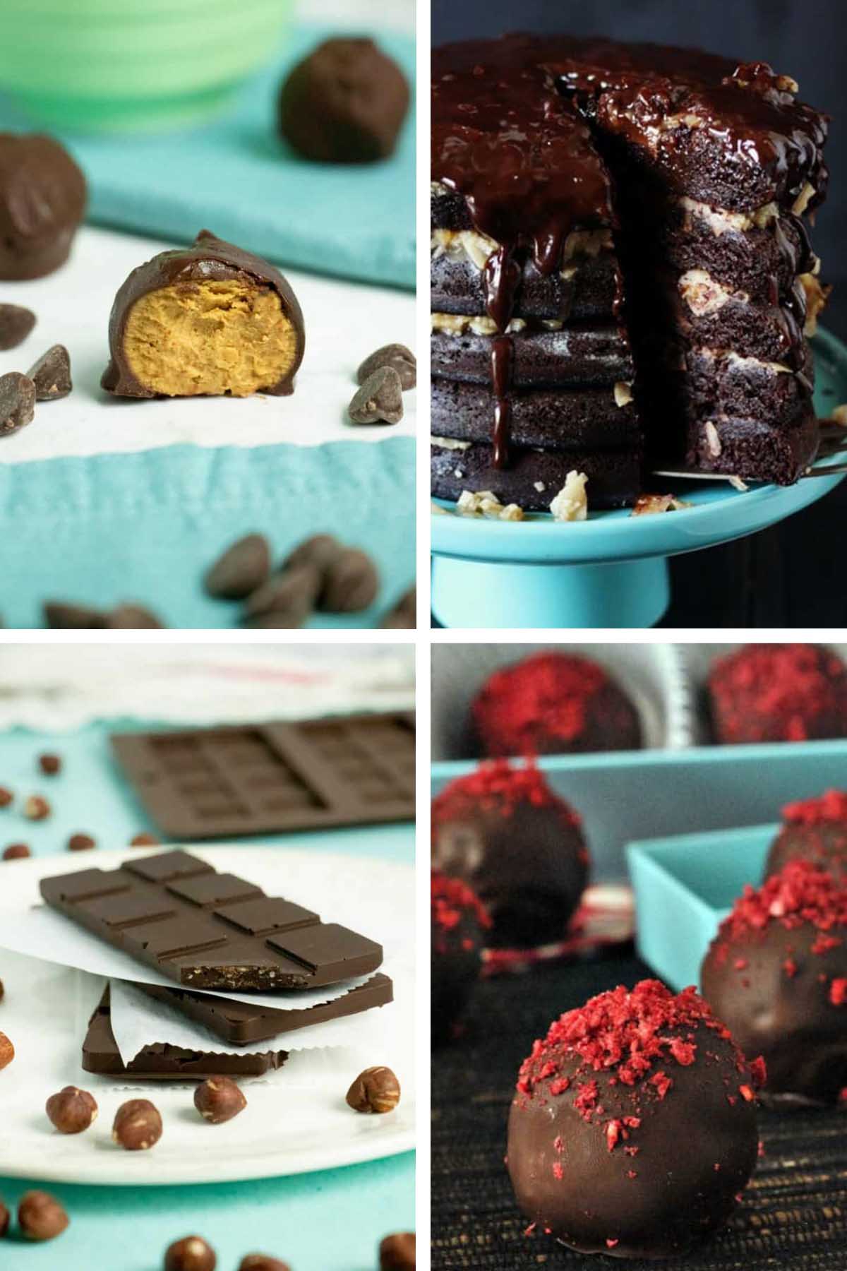 vegan chocolate recipe collage: peanut butter bites, cake, chocolate bar, truffles