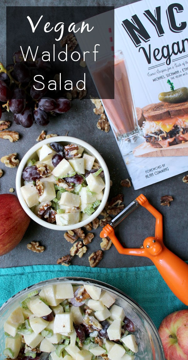 overhead photo of vegan waldorf salad with the book NYC Vegan next to it, text overlay