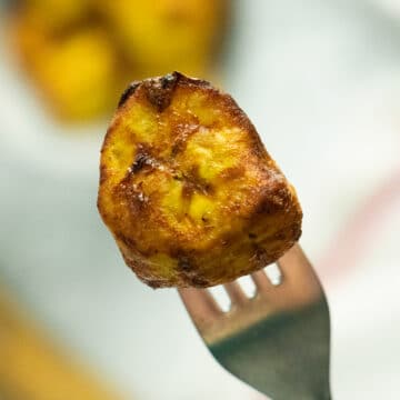 close-up of a plantain piece on a fork