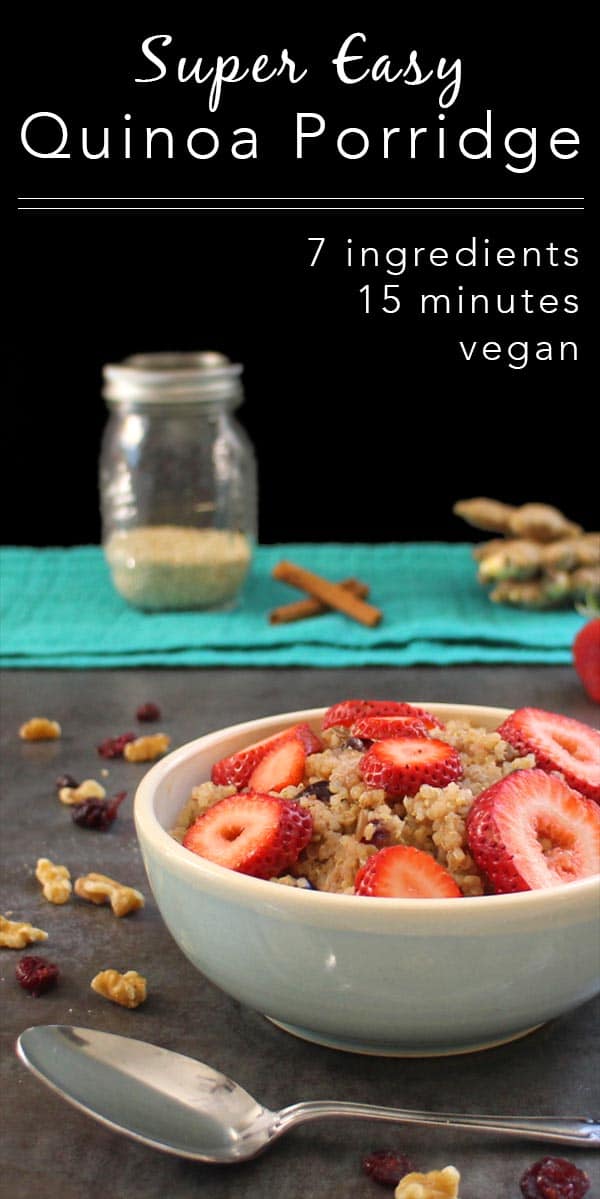 bowl of quinoa porridge with strawberries, with text overlay