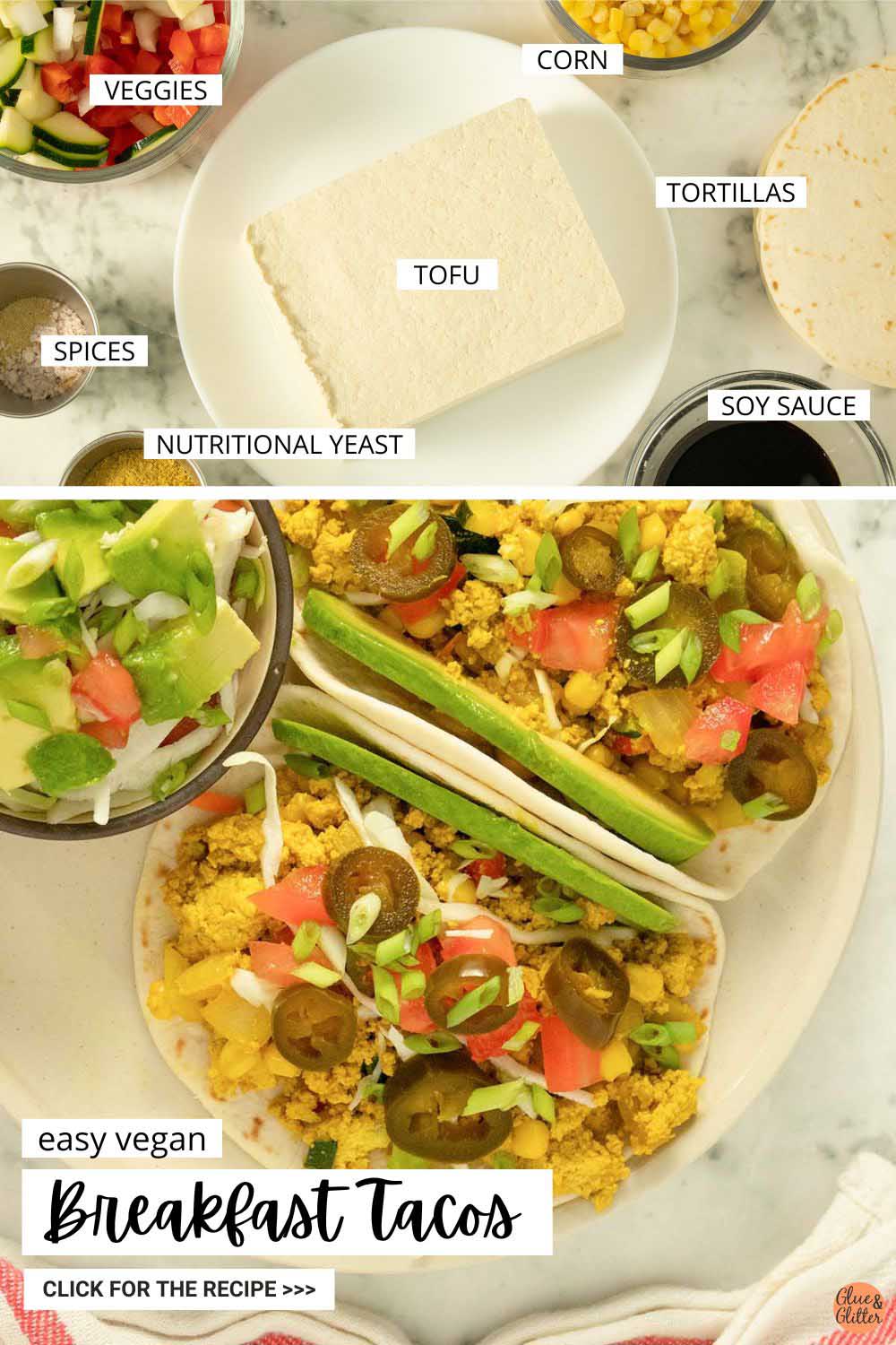 image collage showing breakfast tacos and the ingredients on a table