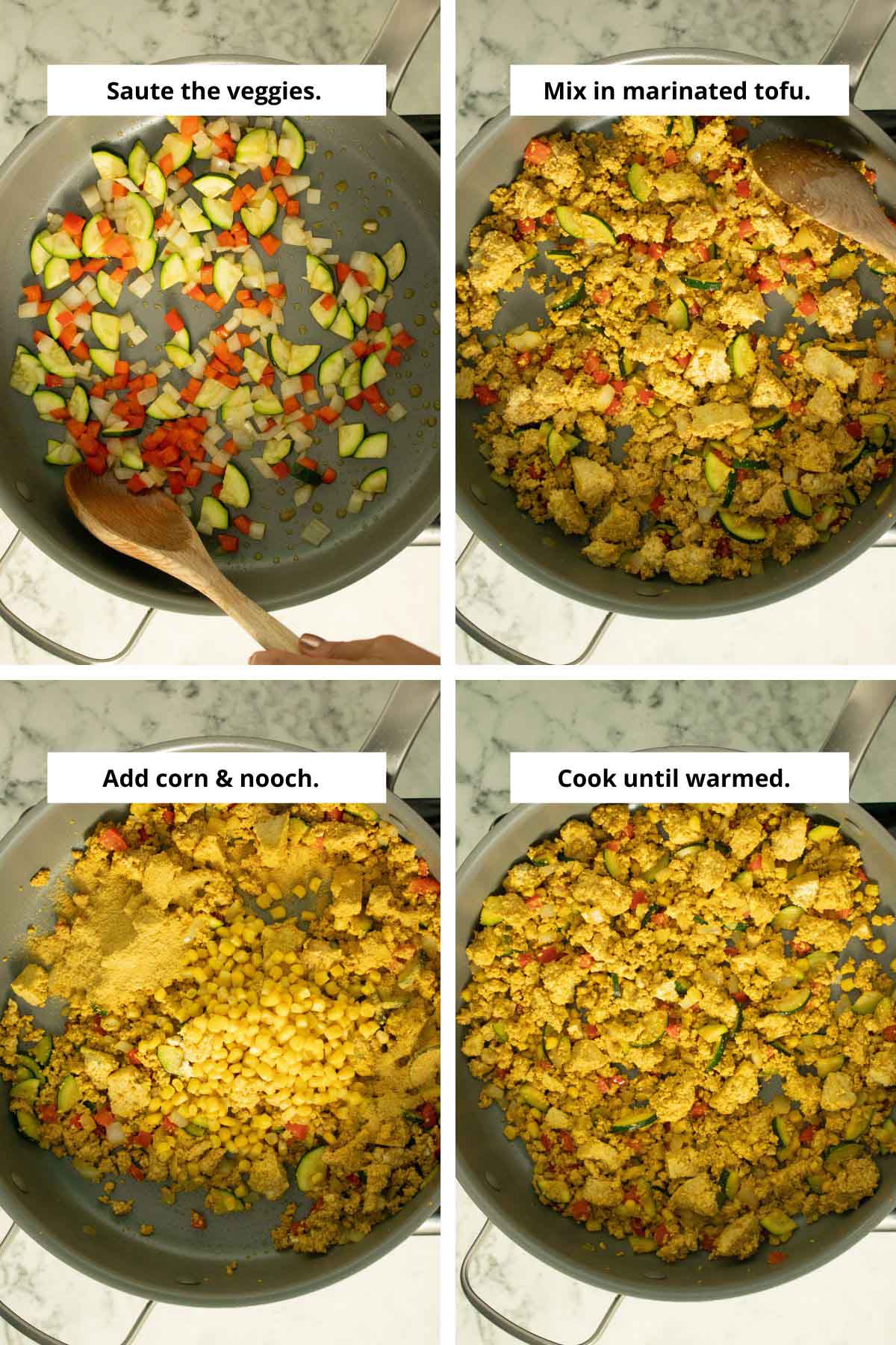 image collage showing each step of making the tofu scramble filling