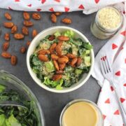 Easy, delicious Kale Caesar Salad with Garlic Almond "Croutons" can be a side dish or a meal, depending on how much you dish into your bowl.