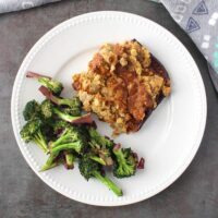 Baked Tofu Chops in No-Cook Miso Gravy are a decadently simple supper. Boozy Broccoli braised in red wine goes perfectly alongside!