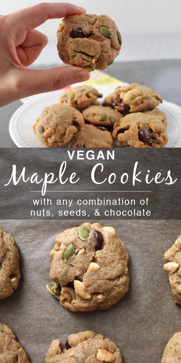 vegan maple cookies with seeds and chocolate chips with a text overlay