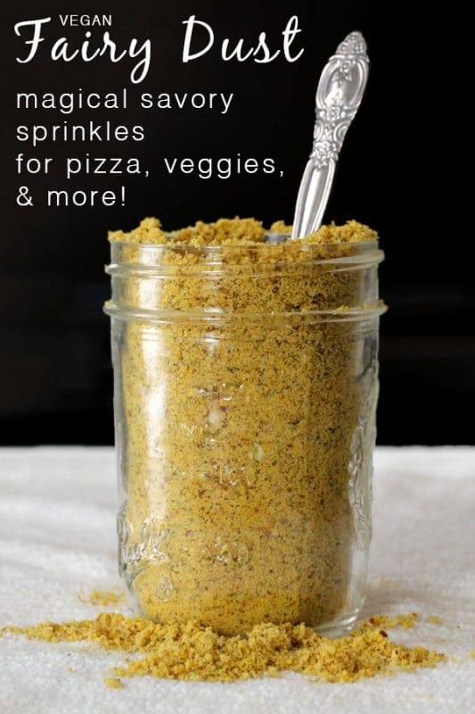 jar of the vegan parmesan cheese recipe with text overlay
