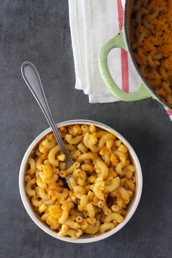 overhead photo of vegan mac and cheese in a bowl